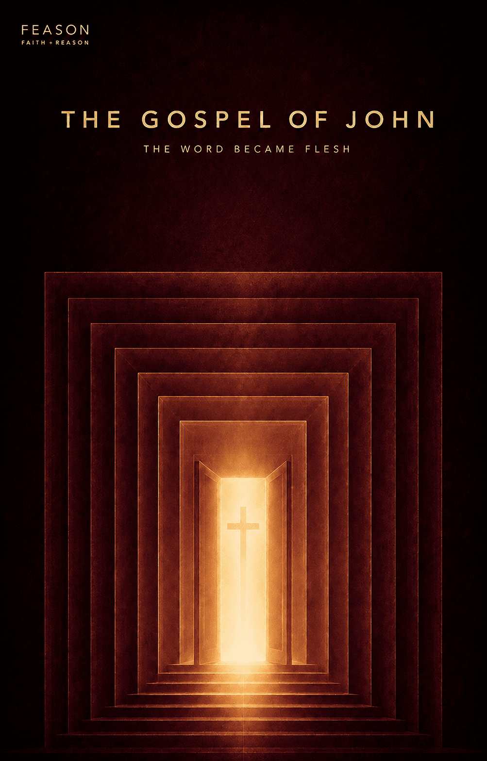 A sequence of illuminated doorways opening toward a cross in golden light
