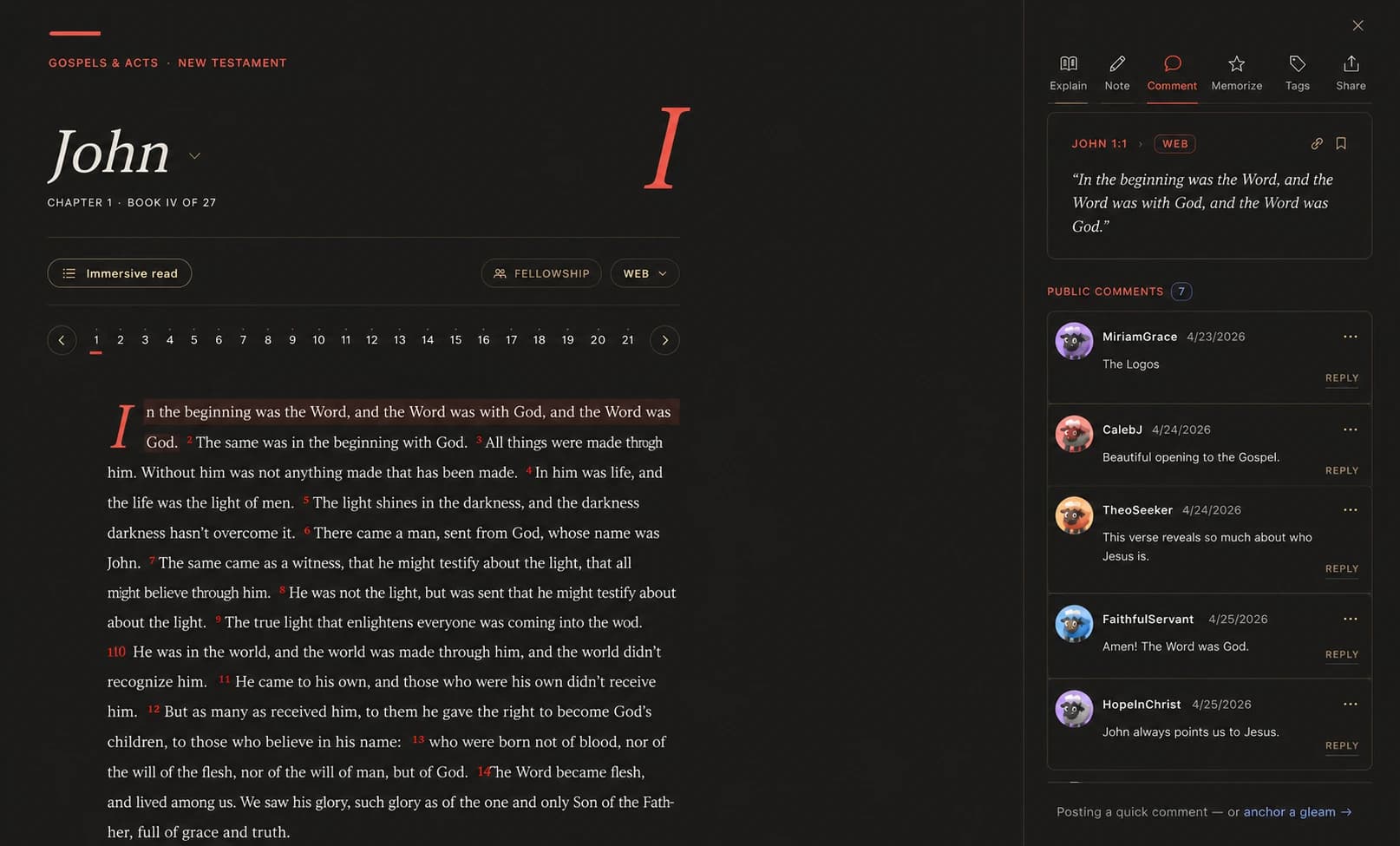 Feason's actual John 1 reader with Scripture beside a public-comments conversation