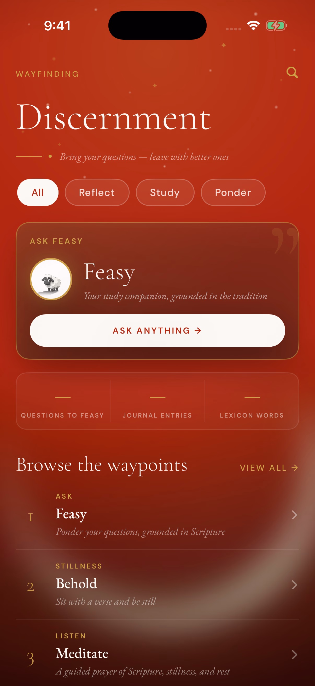 Real Feason Discernment screen with Feasy and a cardinal red gradient